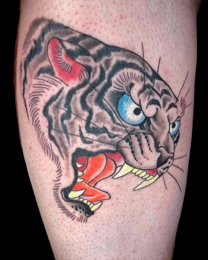 Tiger American traditional tattoo on the forearm by Cody Glenn