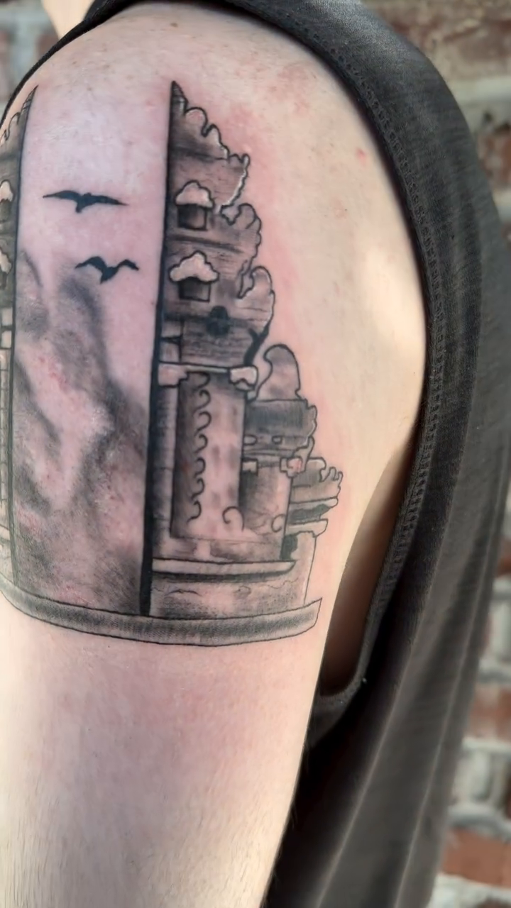 Balinese temple gate with birds dark art tattoo on the shoulder by Charlotte (Luna), Seattle, Washington