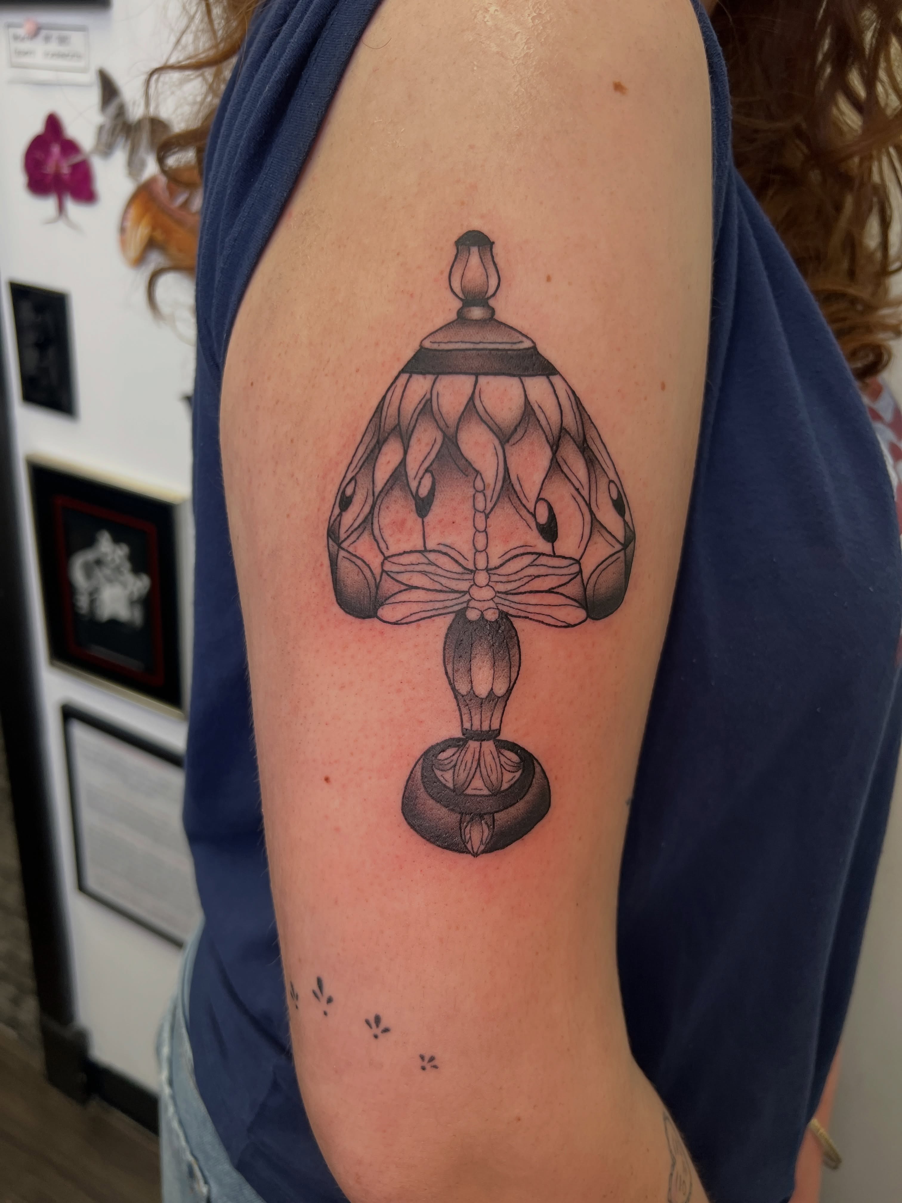Lampshade black and grey tattoo on the forearm by Blair Schwartz, Asbury Park, New Jersey
