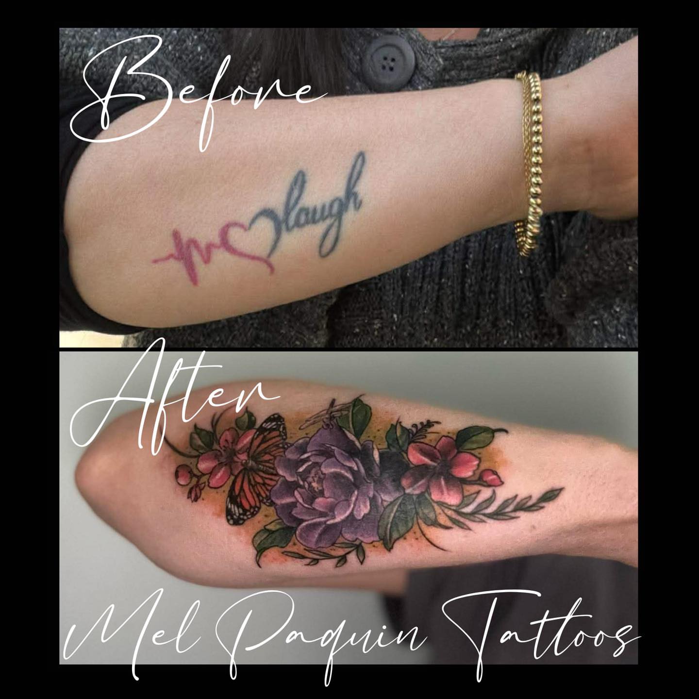Floral arrangement new school tattoo on the forearm by Mel Paquin