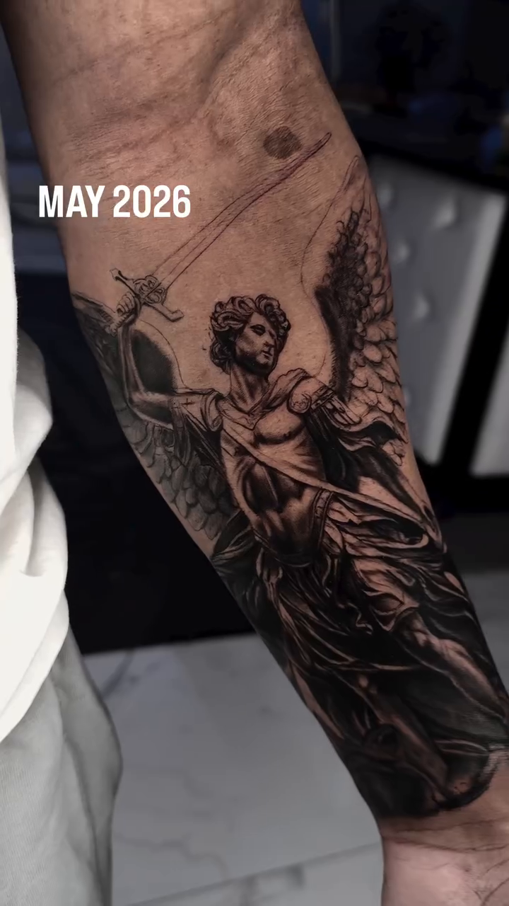 Angel with sword realism tattoo on the forearm by Idalia Pulido