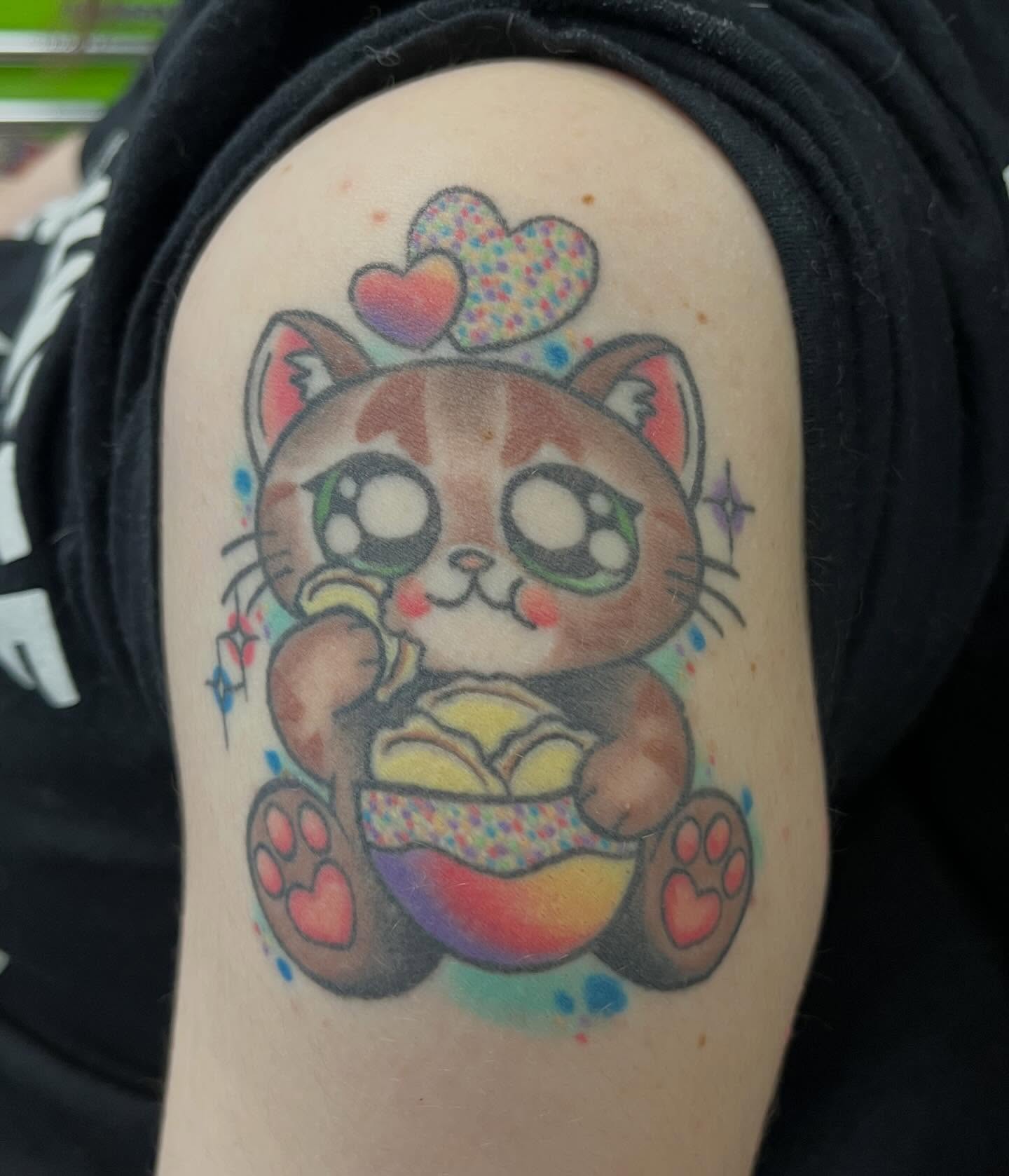 Cat holding ice cream dotwork tattoo on the forearm by Ash Wheeler