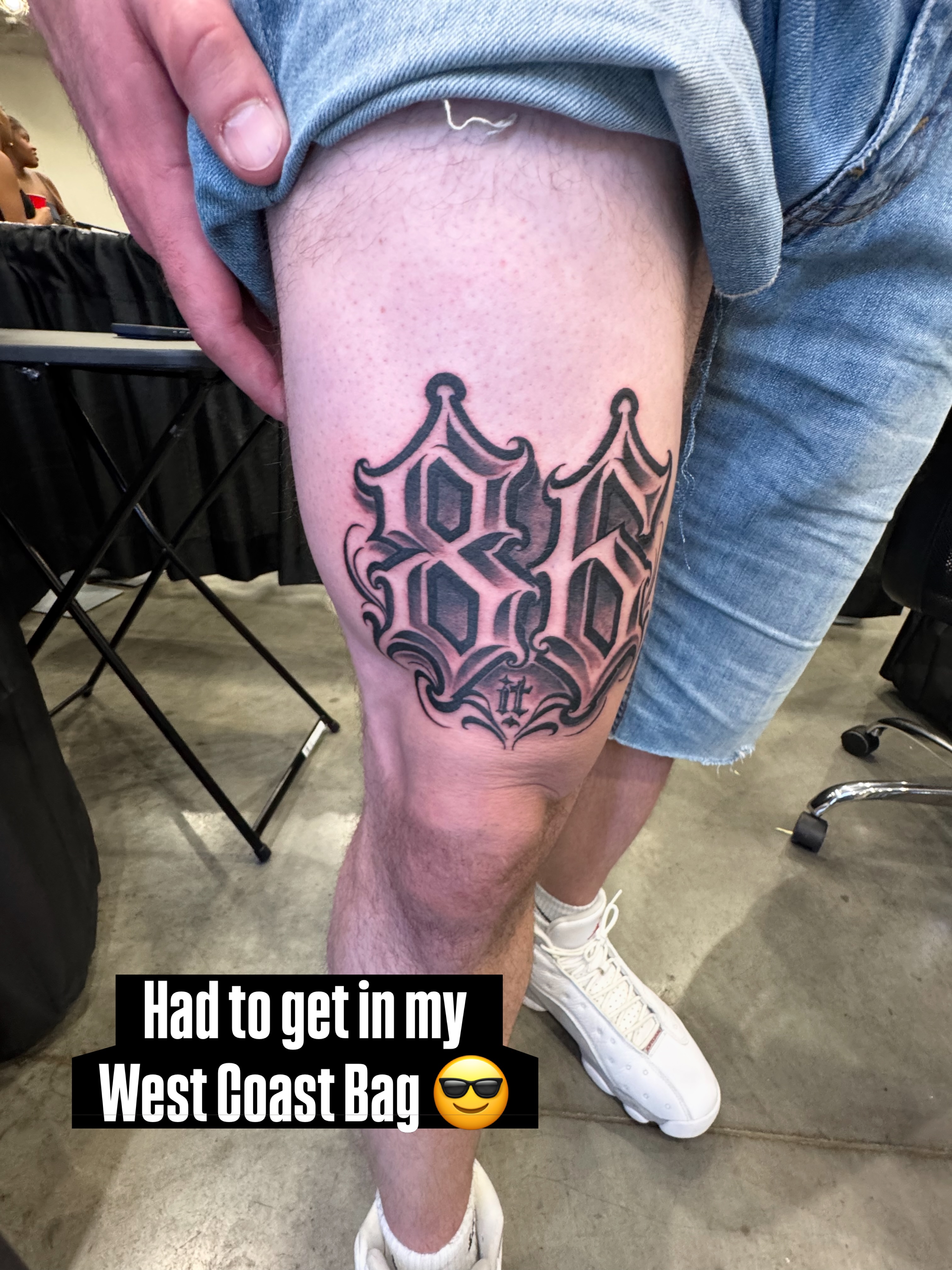 Lettering lettering script tattoo on the thigh by Ray Wiggins
