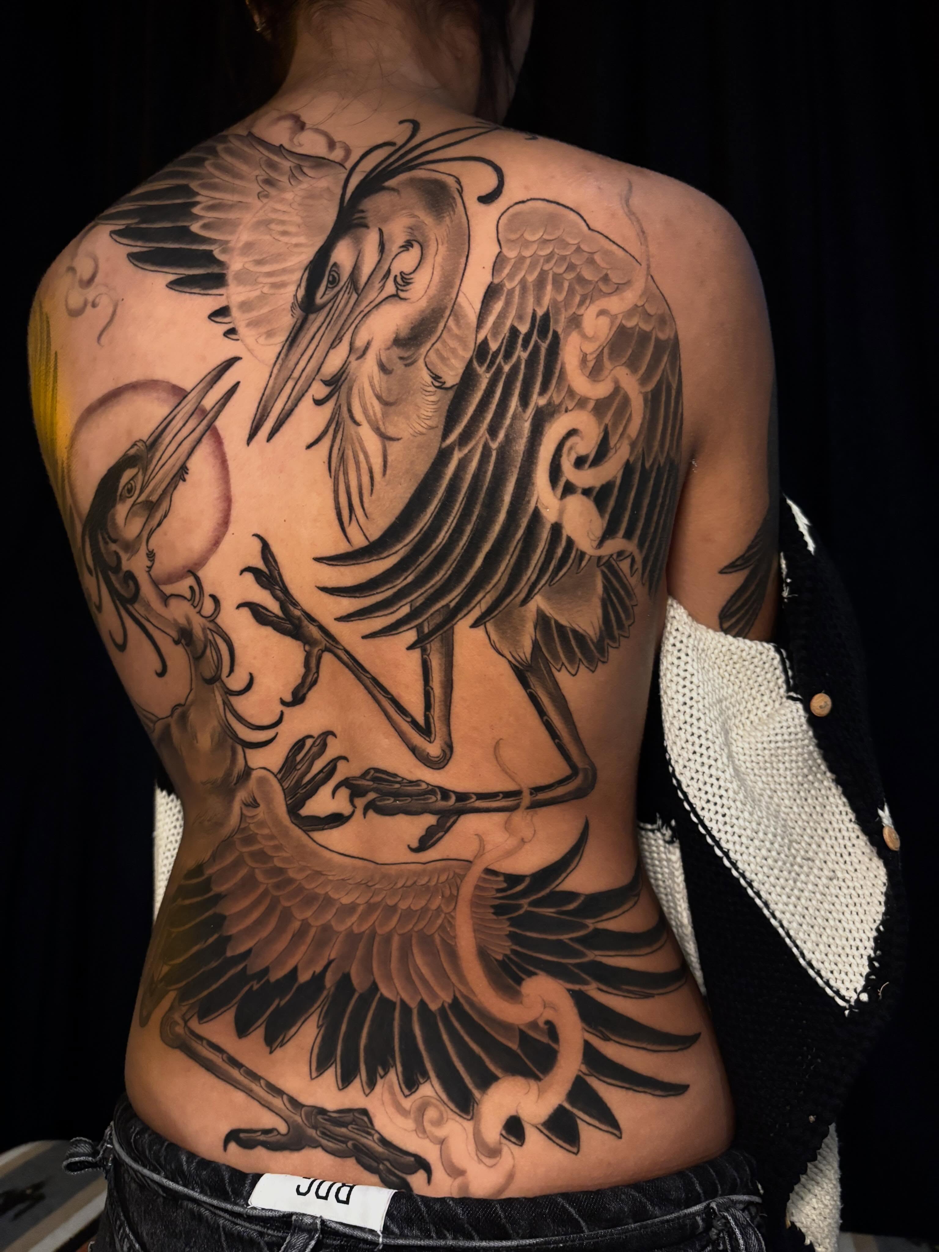 Cranes realism tattoo on the back by ✨REiD✨