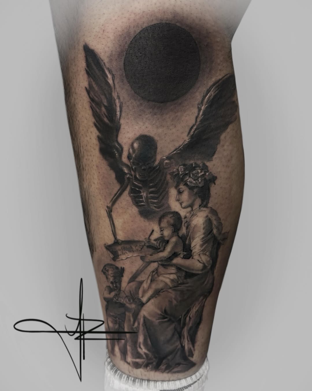 Skeleton angel with mother and child realism tattoo on the forearm by Jazz