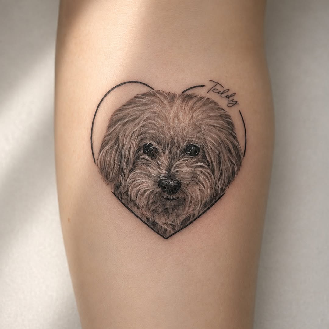 Dog portrait in heart realism tattoo on the thigh by Adam_Zhiwei Xu(Tattooist)
