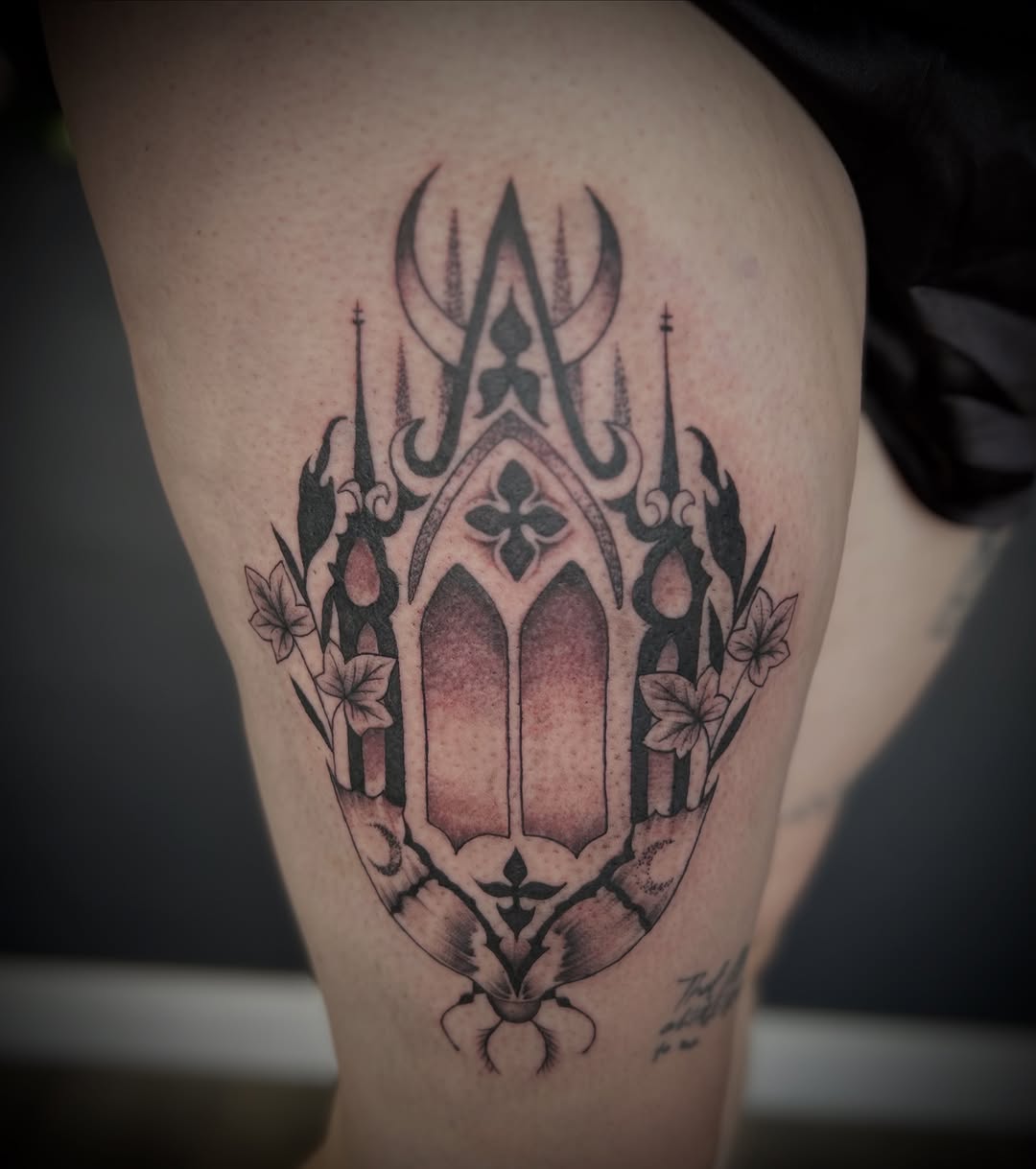 Gothic archway with moth cyber sigilism tattoo on the thigh by Browtique & Ink, Clearwater, Florida