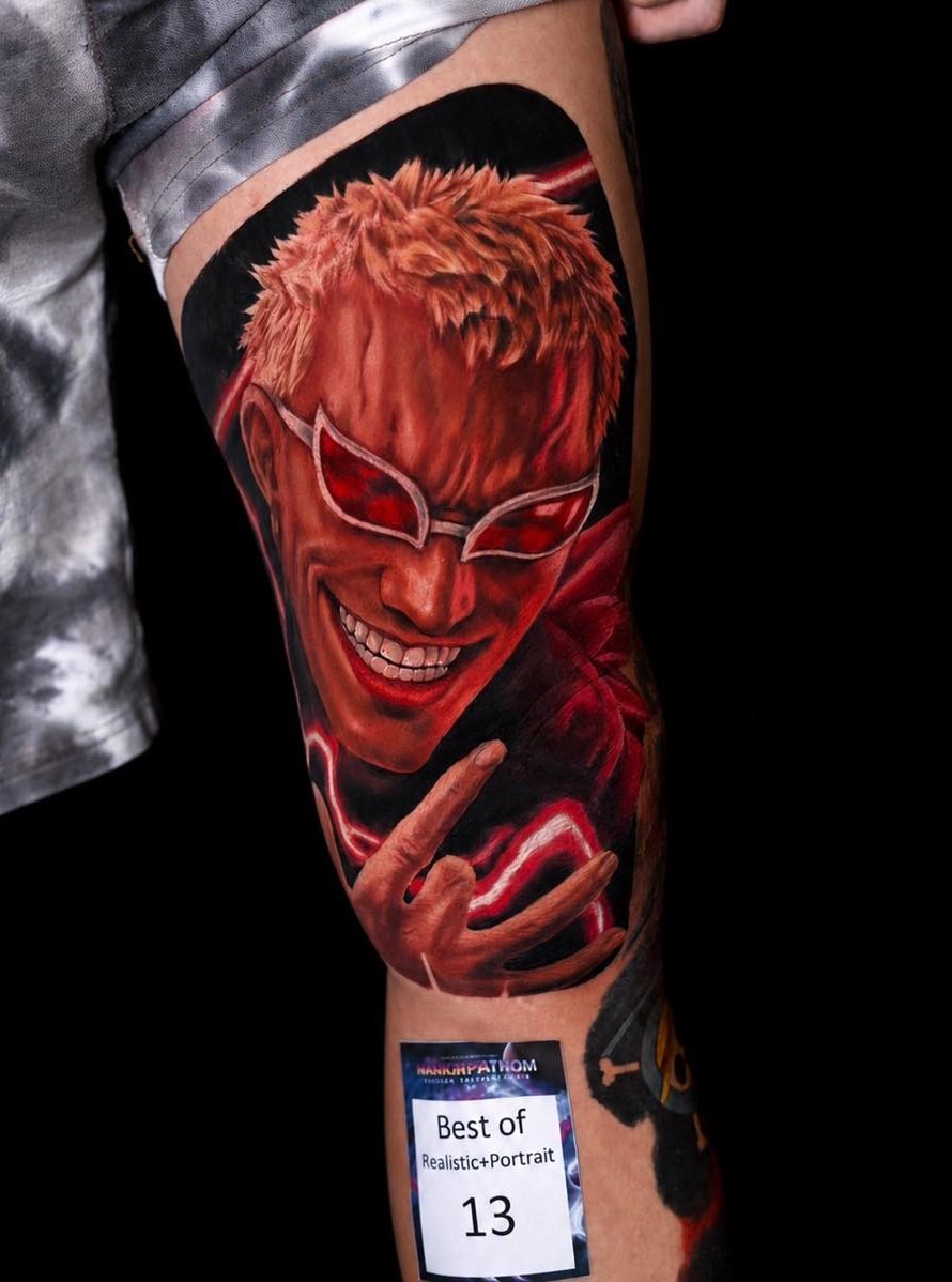 Donquixote Doflamingo portrait anime tattoo on the forearm by Hiroto Nguyen, Perth, Western Australia