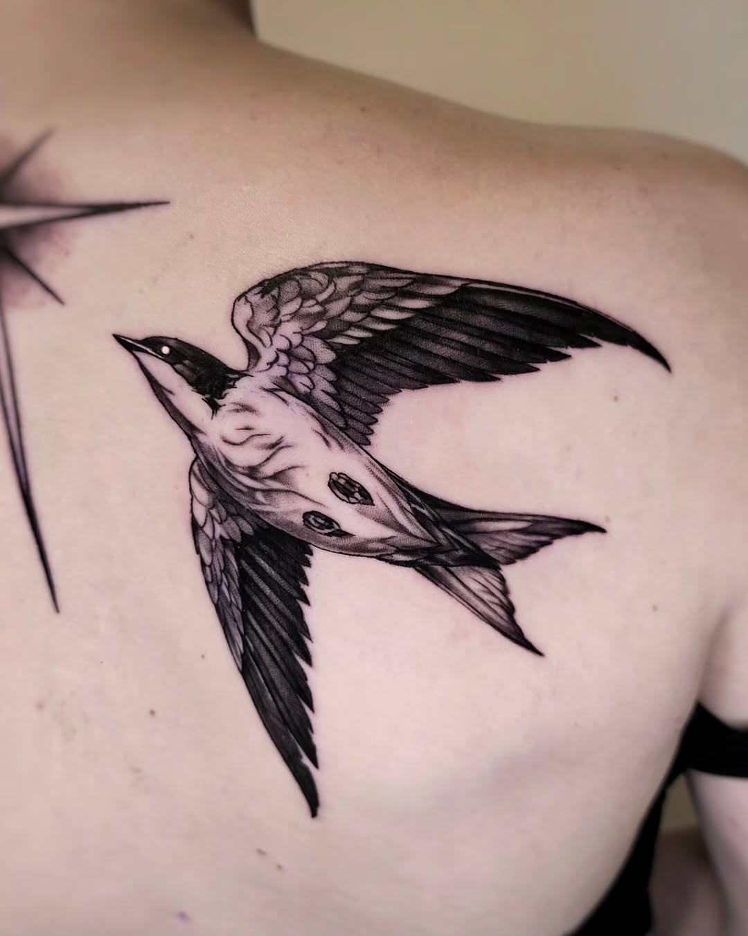 Swallow bird fine line tattoo on the shoulder by ʙʀɪᴀɴɴᴀ 𝒁𝑶𝑴𝑩𝑹𝑰𝑬 ᴛᴀᴛᴛᴏᴏꜱ