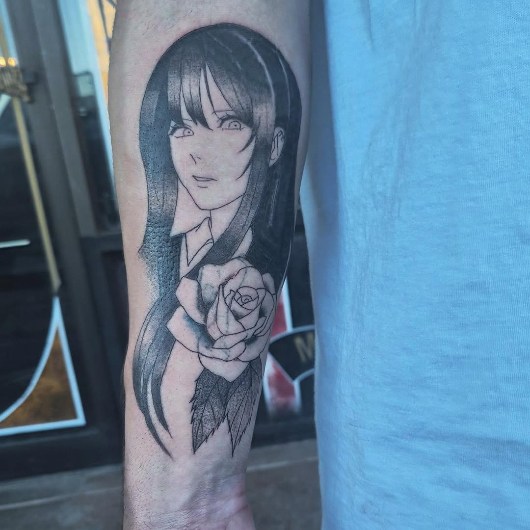Anime girl with rose anime tattoo on the forearm by Cielle