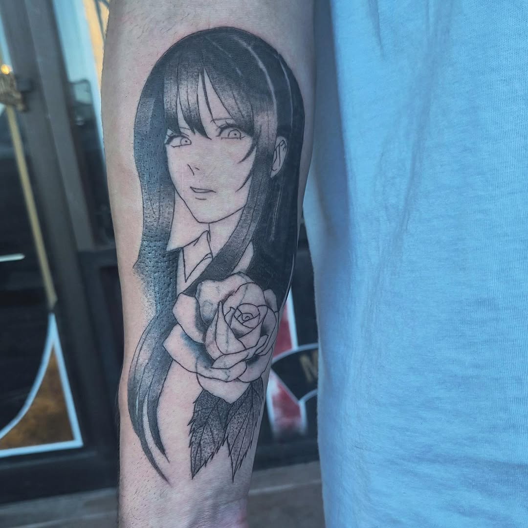 Anime girl with rose anime tattoo on the forearm by Cielle