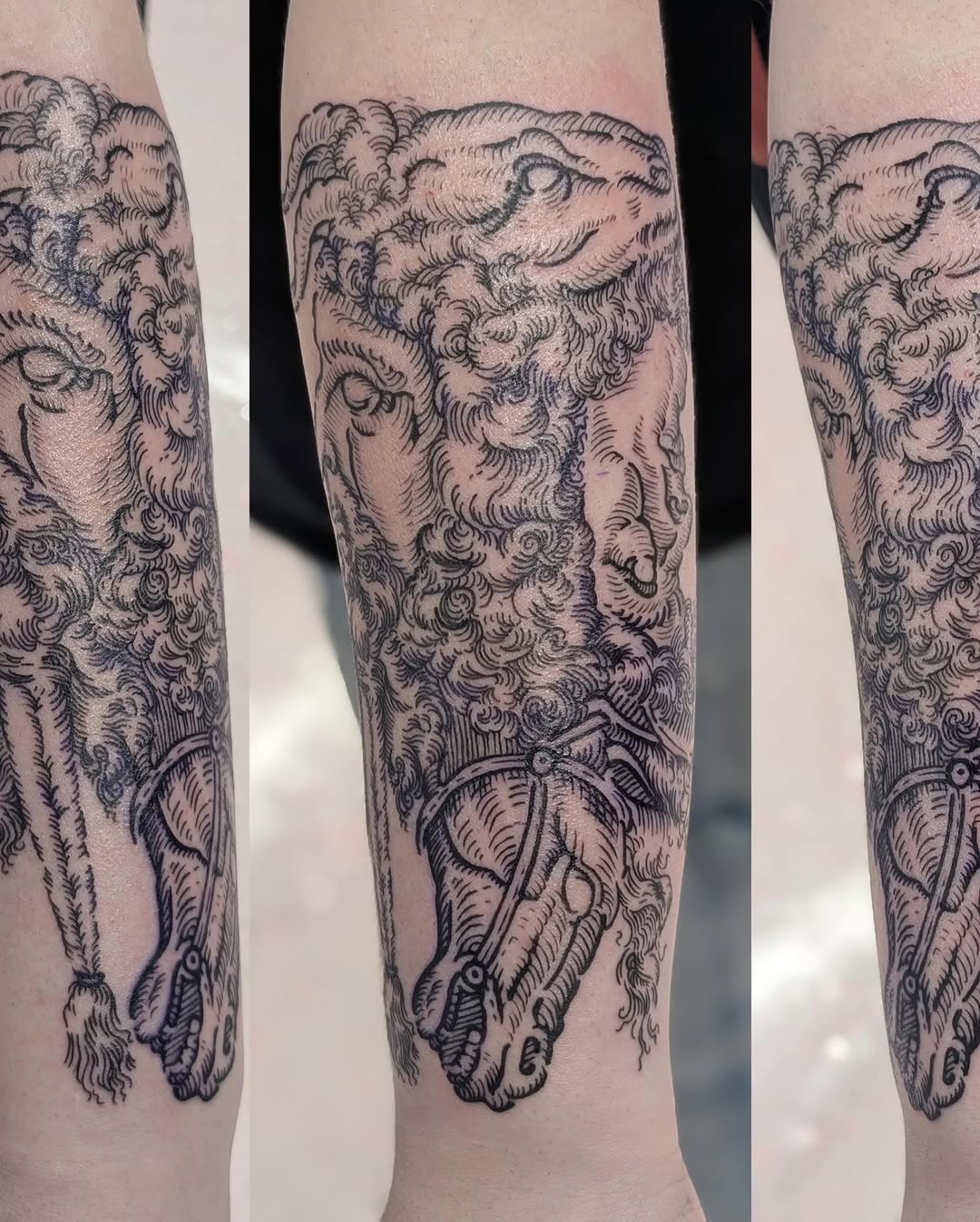 Horse head with mane realism tattoo on the forearm by Rhiannon