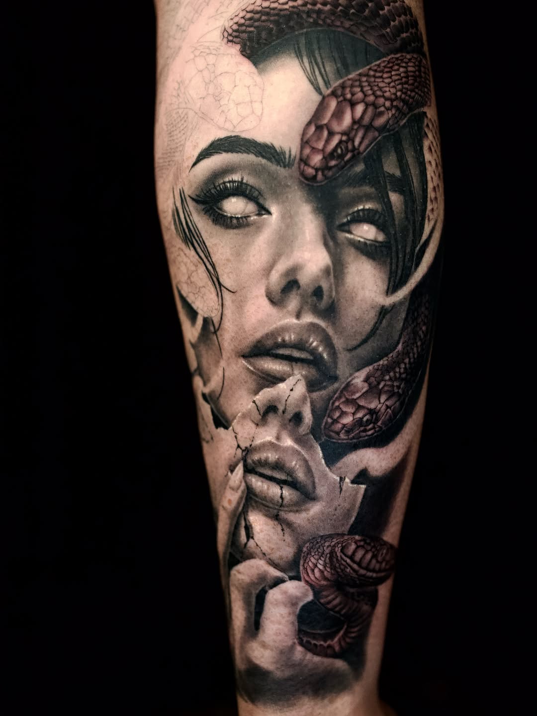 Medusa with snakes realism tattoo on the forearm by April Lynn