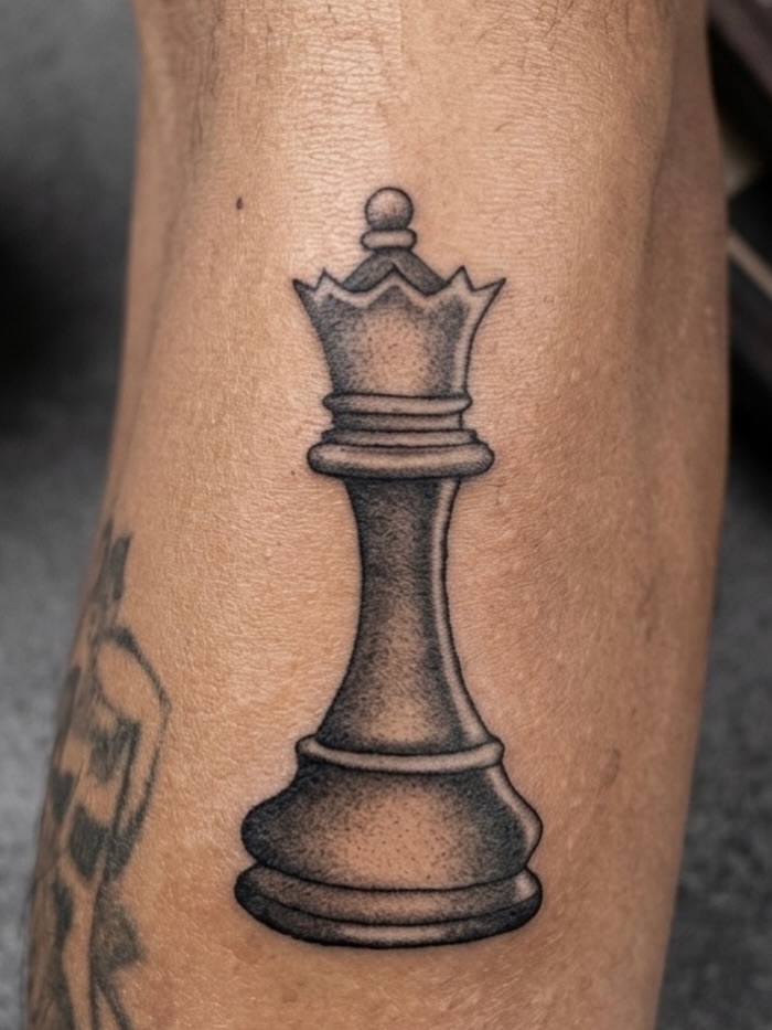 Chess queen realism tattoo on the forearm by I N K S L A y e R
