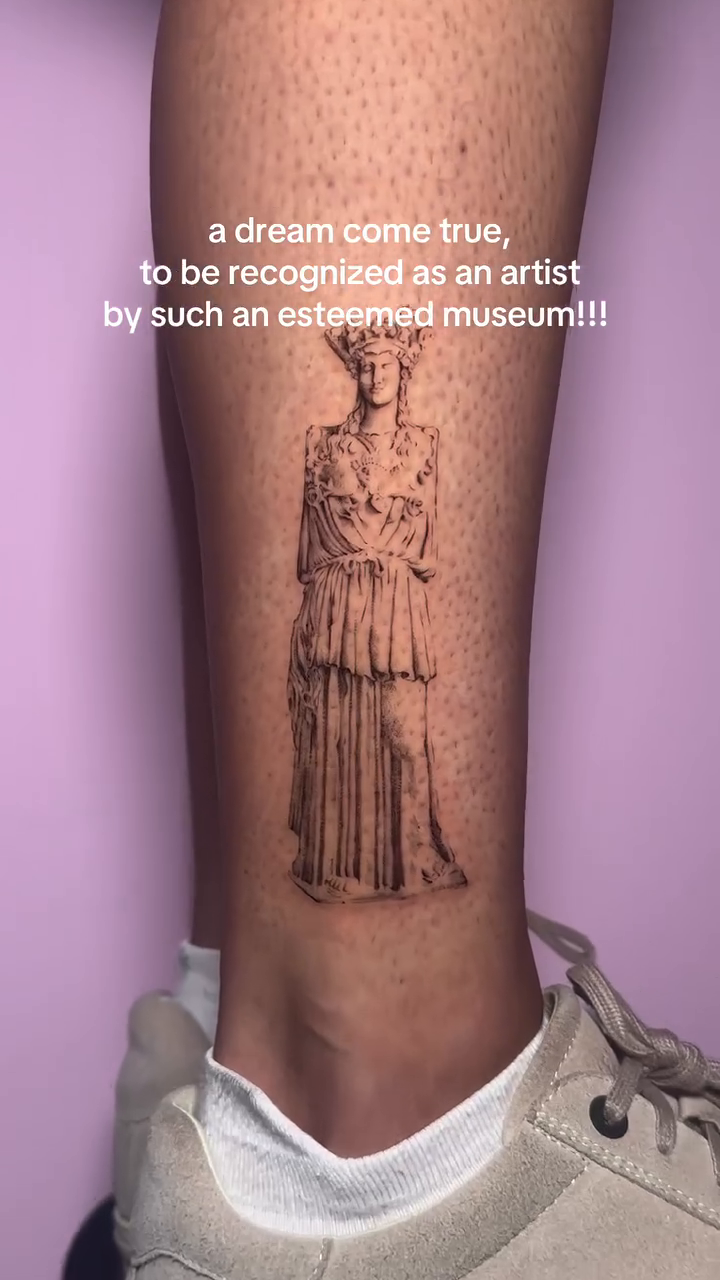 Statue of Athena Parthenos sketch tattoo on the forearm by gabrielle rosemary ποΈ