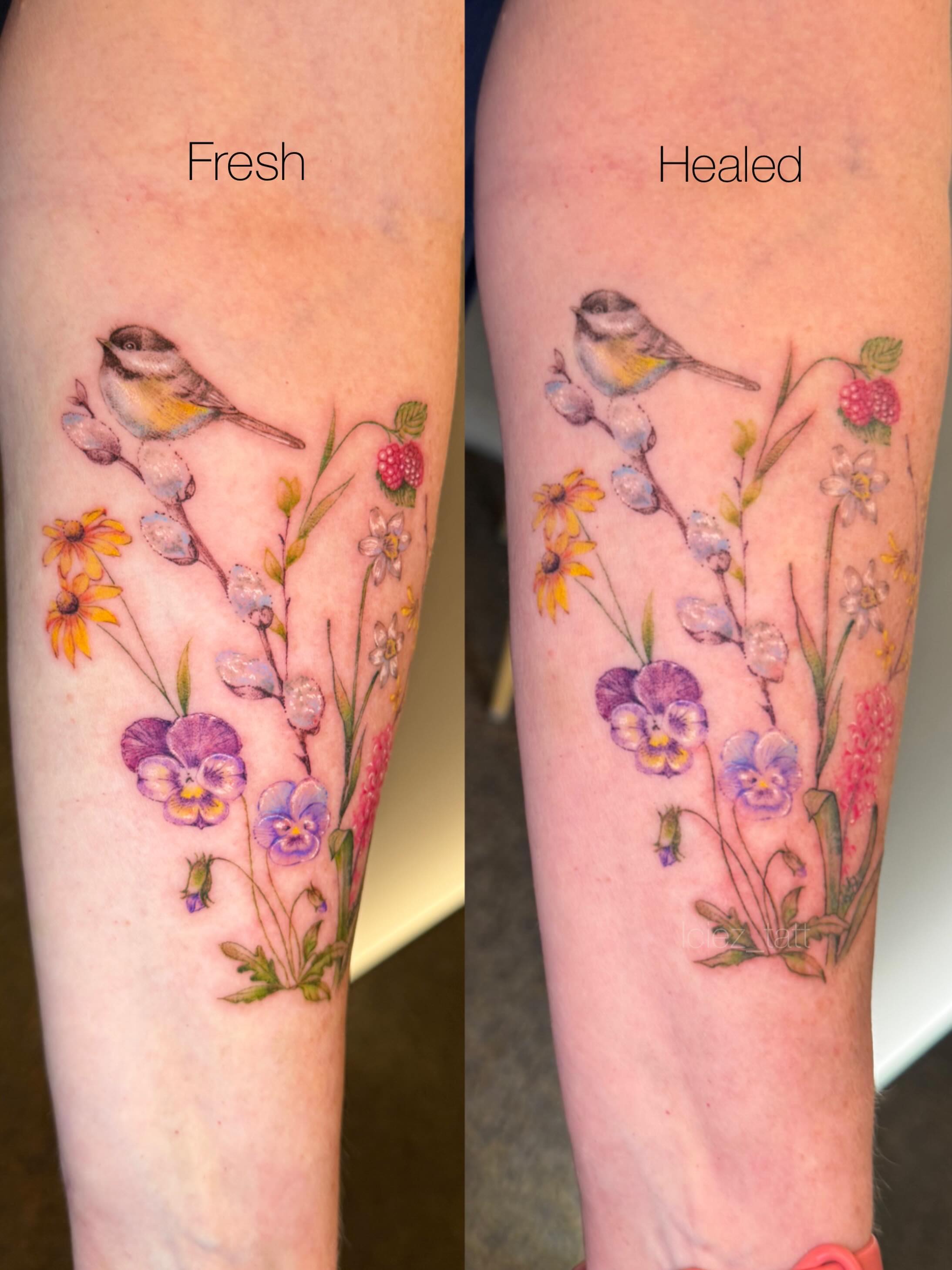 Bird and flowers watercolor tattoo on the forearm by Iciez