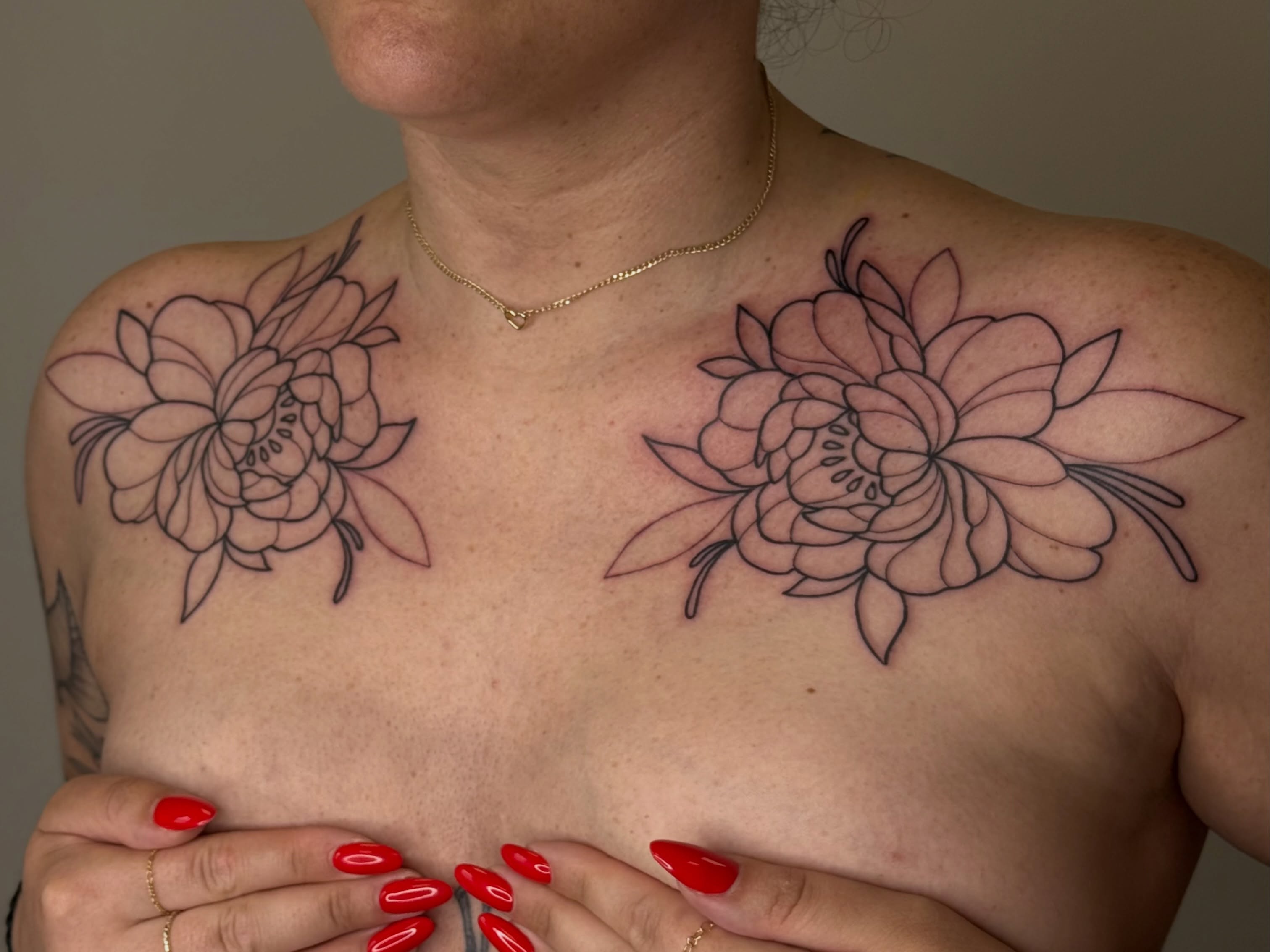 Floral black and grey tattoo on the chest by Emma Friesen - Lancaster & York Tattoo Artist, Lancaster, Pennsylvania