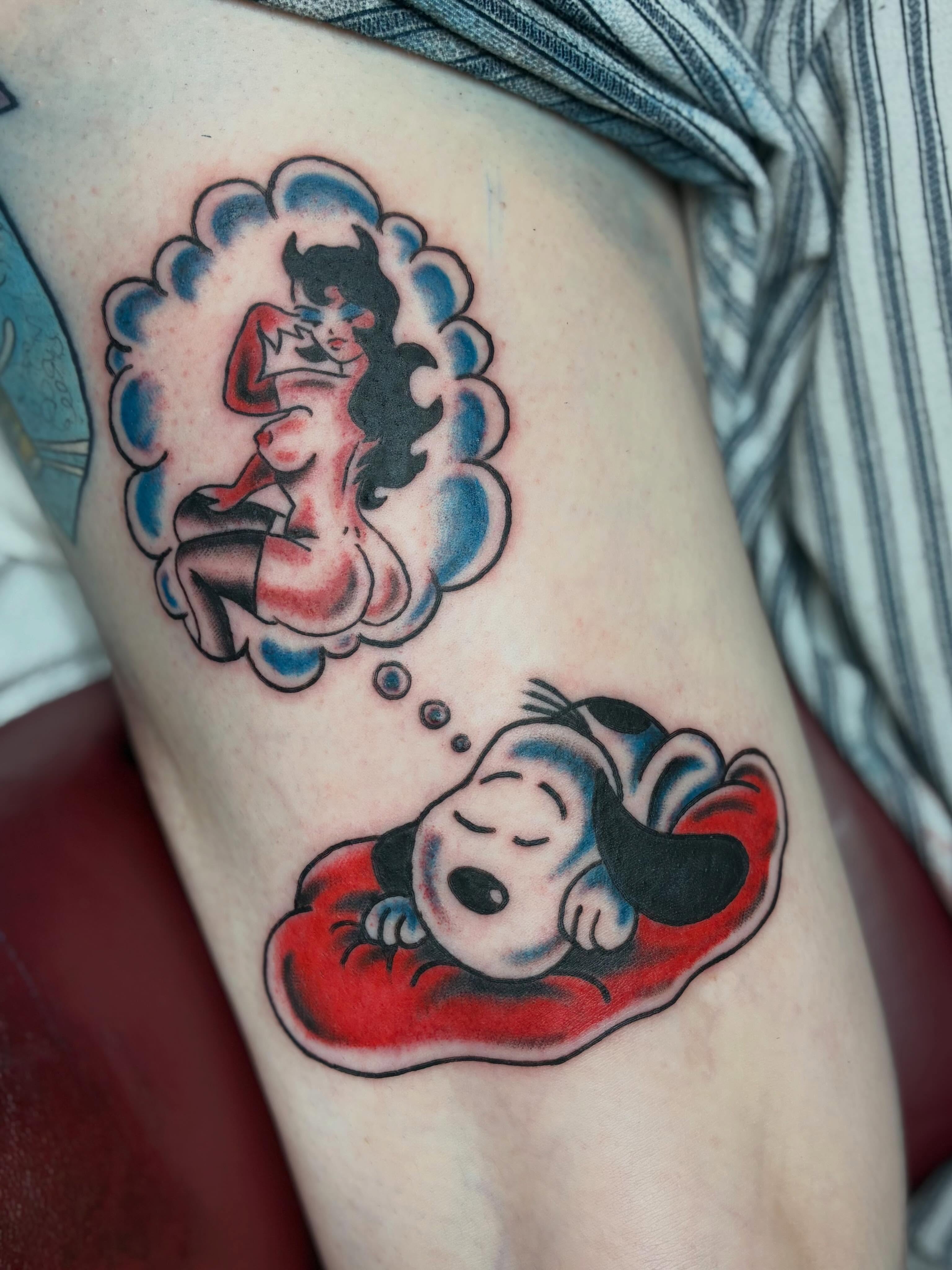 Dream sequence American traditional tattoo on the thigh by @spicy.curry.tattoos