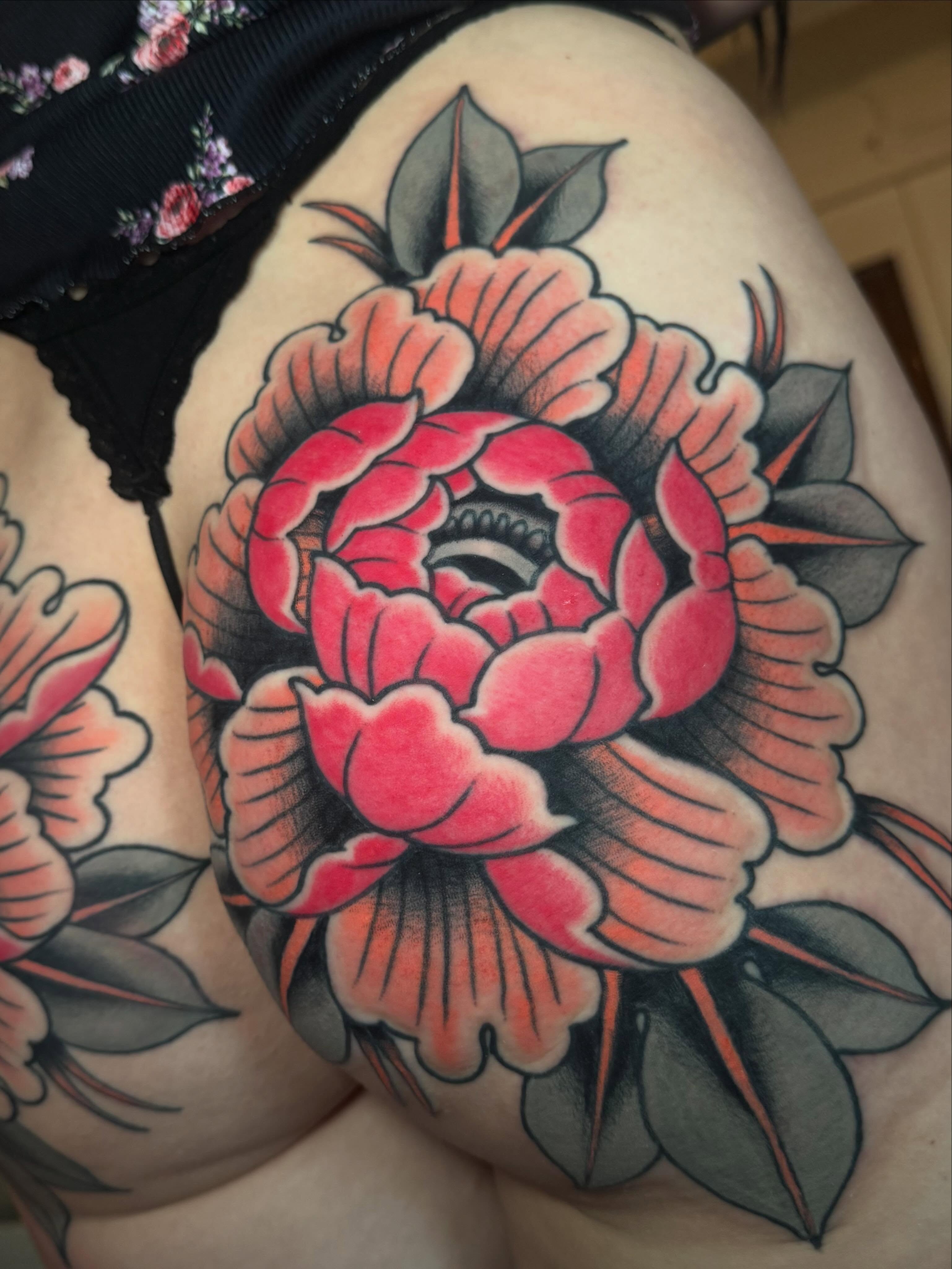 Peony American traditional tattoo on the thigh by Painted Peach Tattooer