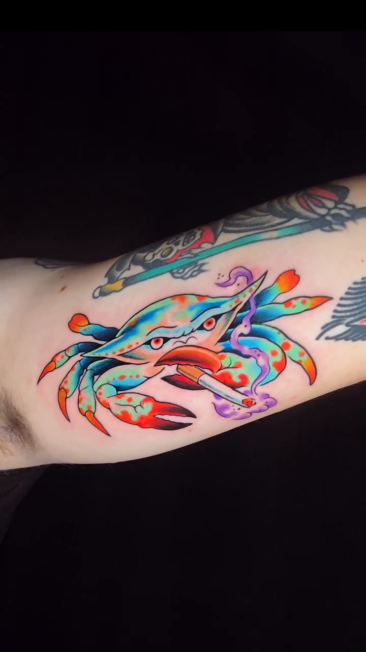 Crab neo-traditional tattoo by Joseph Jeffers
