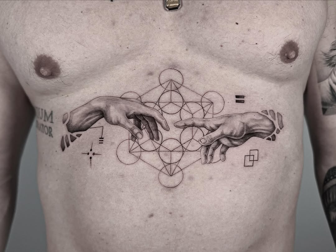 Hands reaching, geometric patterns sketch tattoo on the chest by eugene k 🌈, San Francisco, California