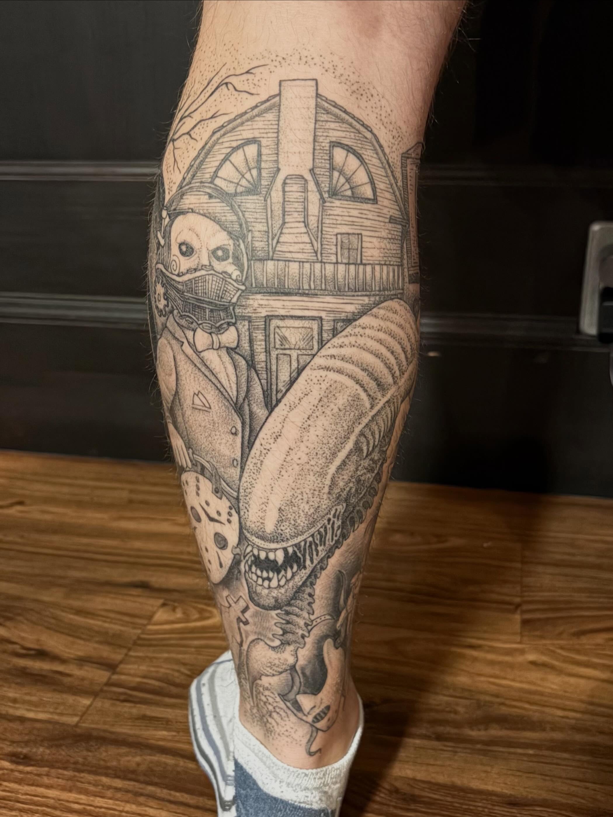 Tattoo by @softcorehorror — dotwork, black_and_grey