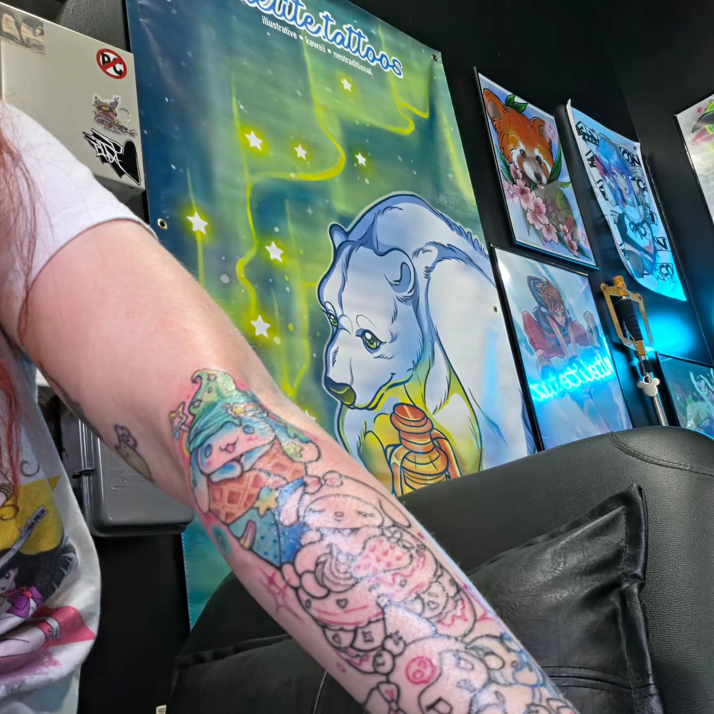 Ice cream cone and bear illustrative tattoo on the forearm by Constance Roberts