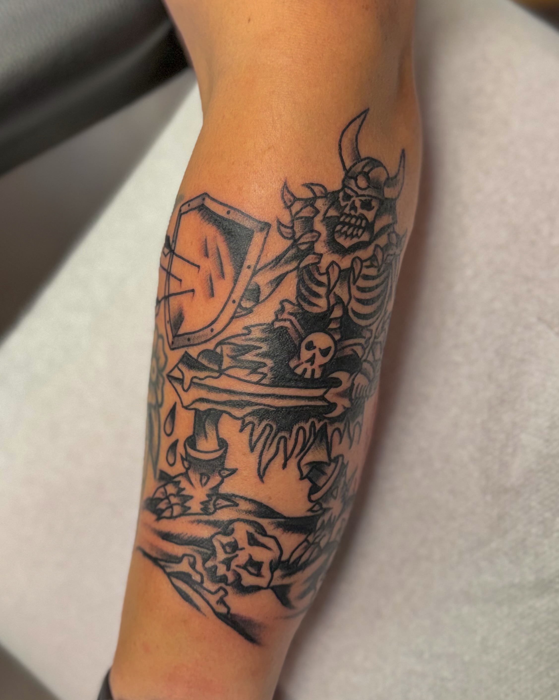 Viking warrior black and grey tattoo on the forearm by Zac Tattooer