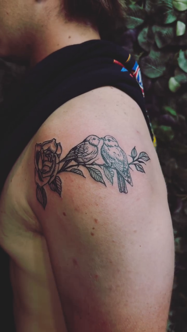 Rose and birds on shoulder fine line tattoo on the shoulder by Joe Khay, Hackettstown, New Jersey