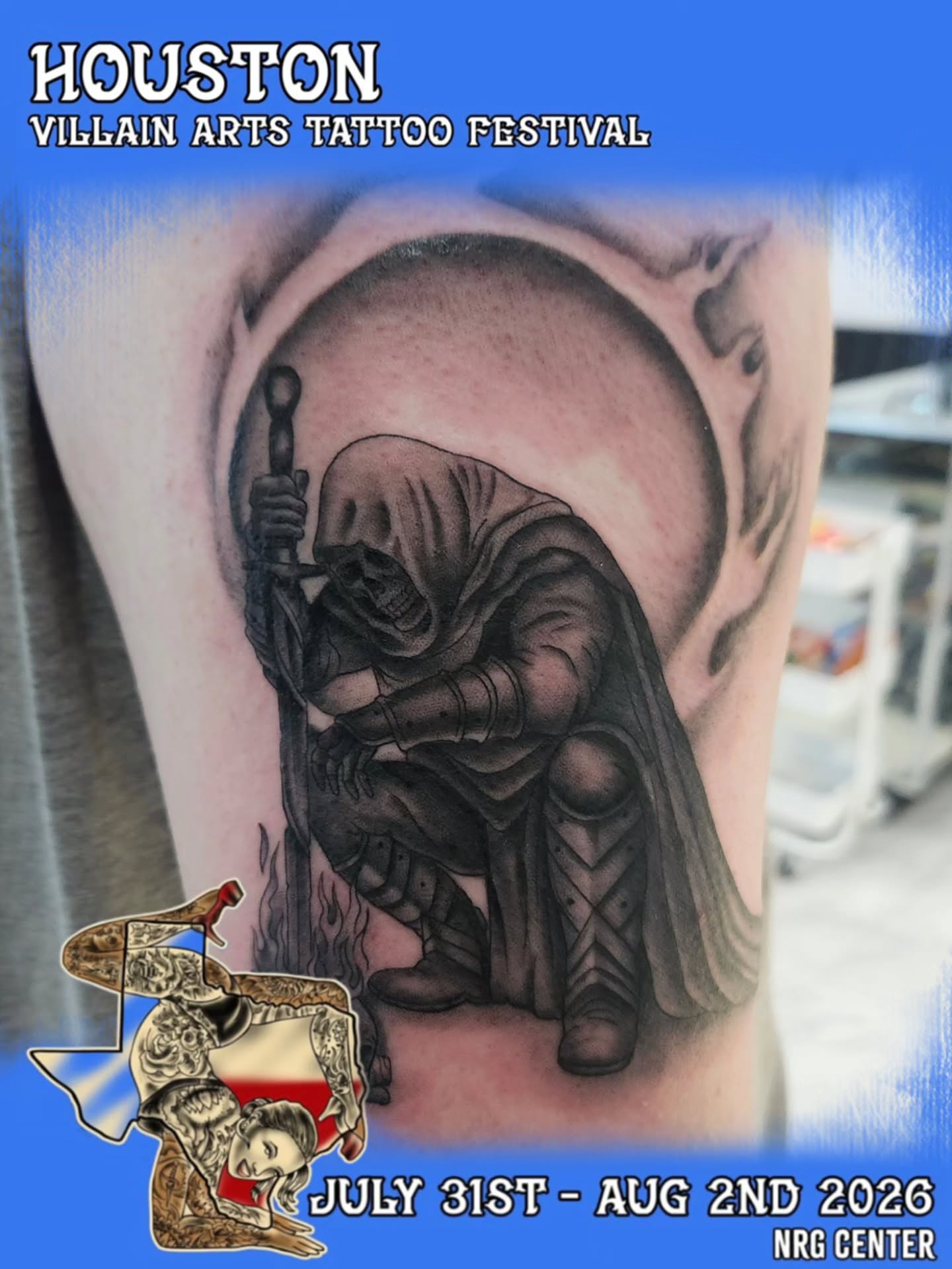 Hooded warrior realism tattoo on the thigh by Herc