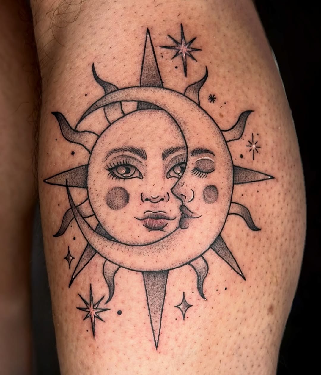 Sun and moon faces ornamental tattoo on the forearm by Charlotte (Luna), Seattle, Washington