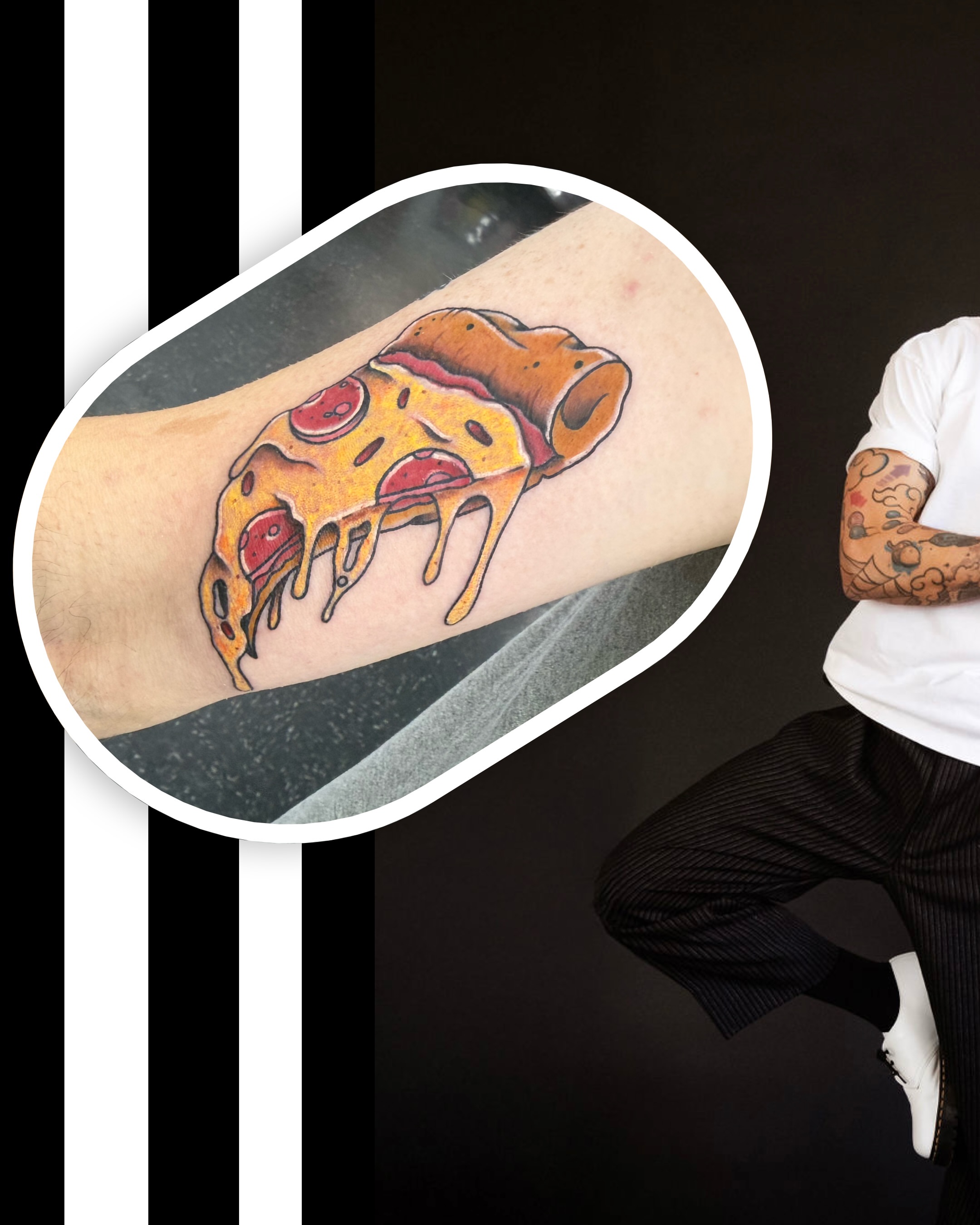 Pizza slice realism tattoo on the forearm by Joshua Carter
