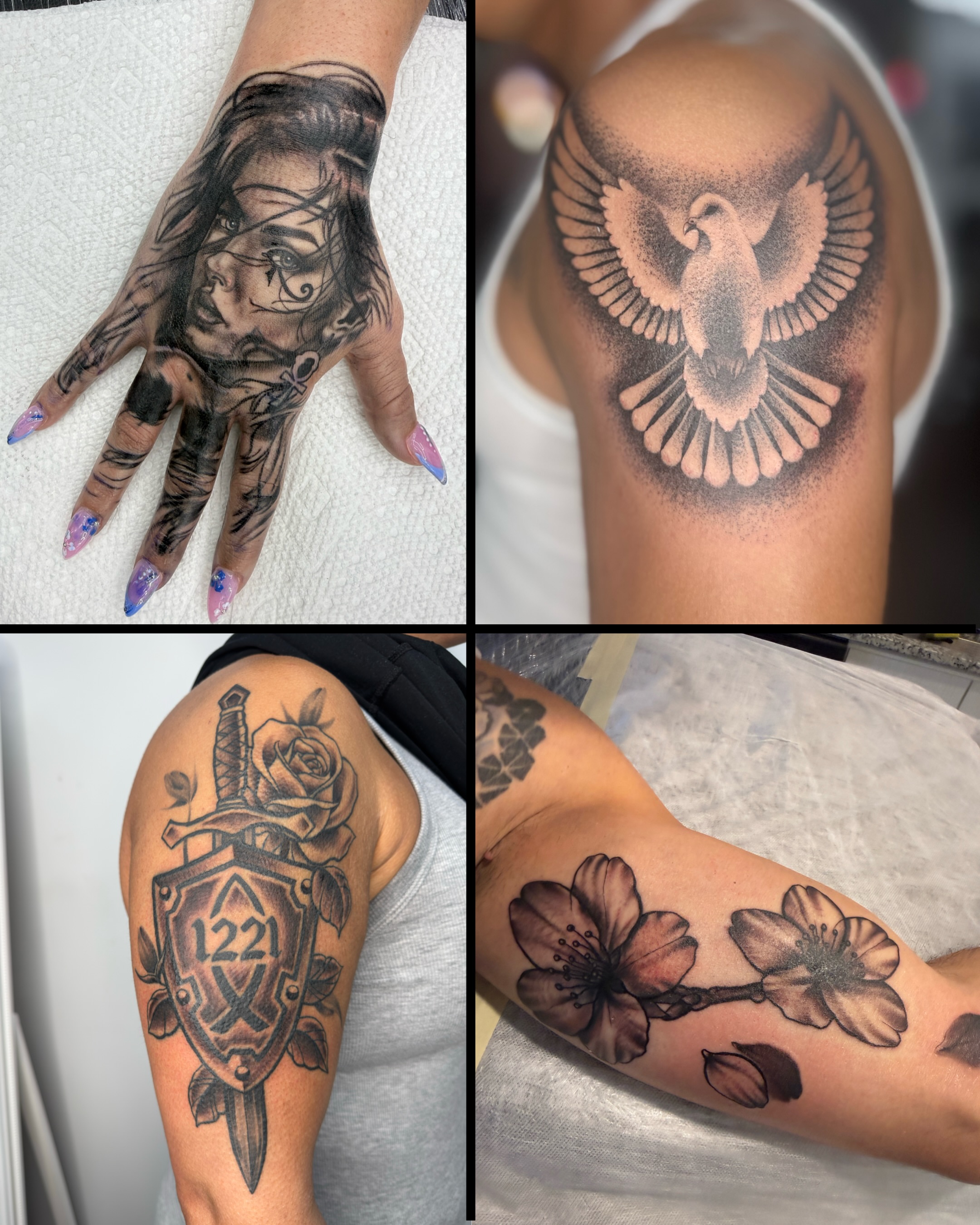 Woman's face realism tattoo on the hand by Joshua Carter