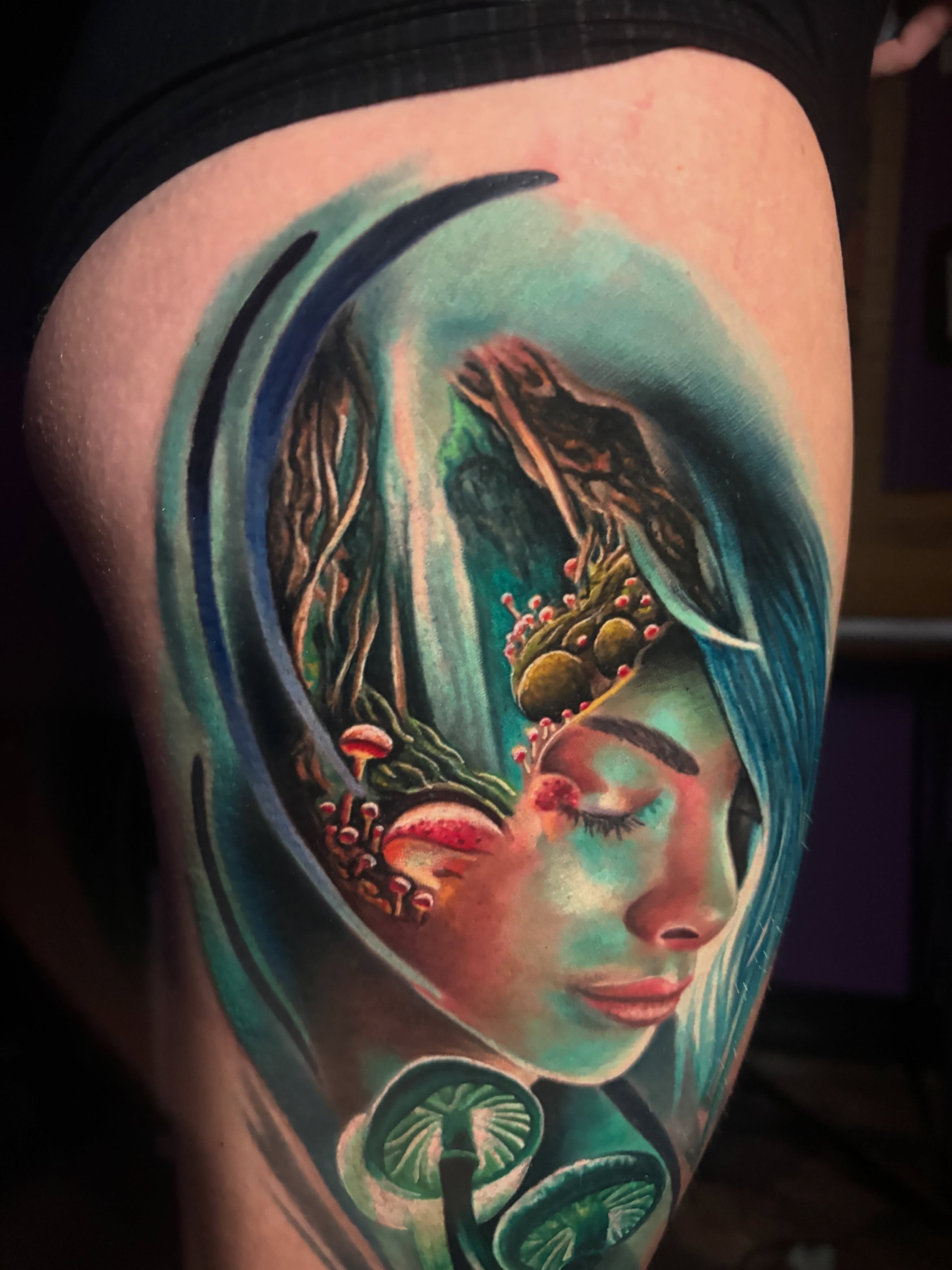 Mythical creature surrealism tattoo on the thigh by Marianna Lombardi