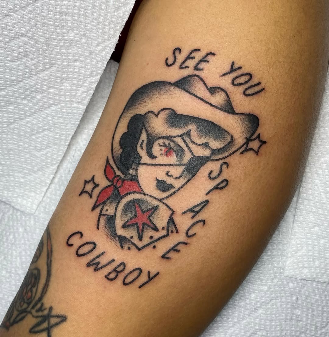 Cowgirl with text neo-traditional tattoo on the forearm by ππππππππ