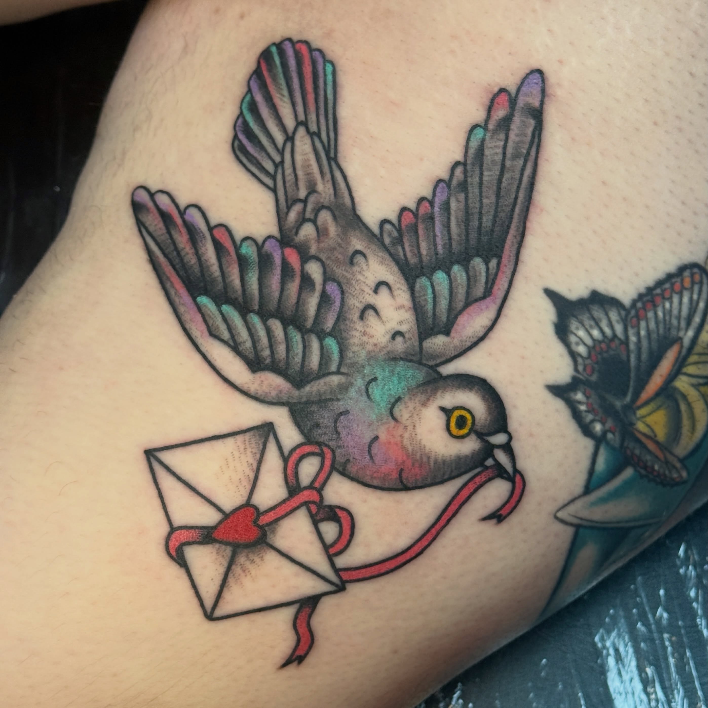 Bird with envelope American traditional tattoo on the thigh by Traddy Maddie ๐