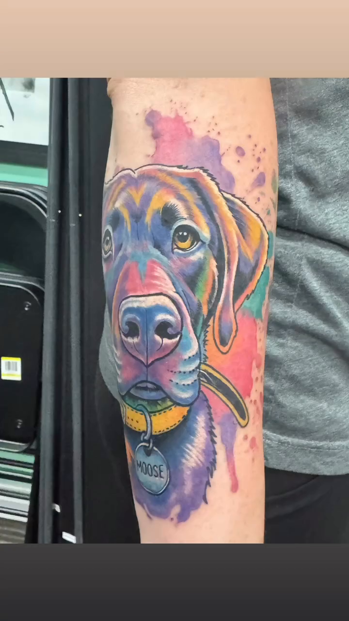 Labrador retriever portrait realism tattoo on the forearm by Skott Kautman, Dubuque, Iowa