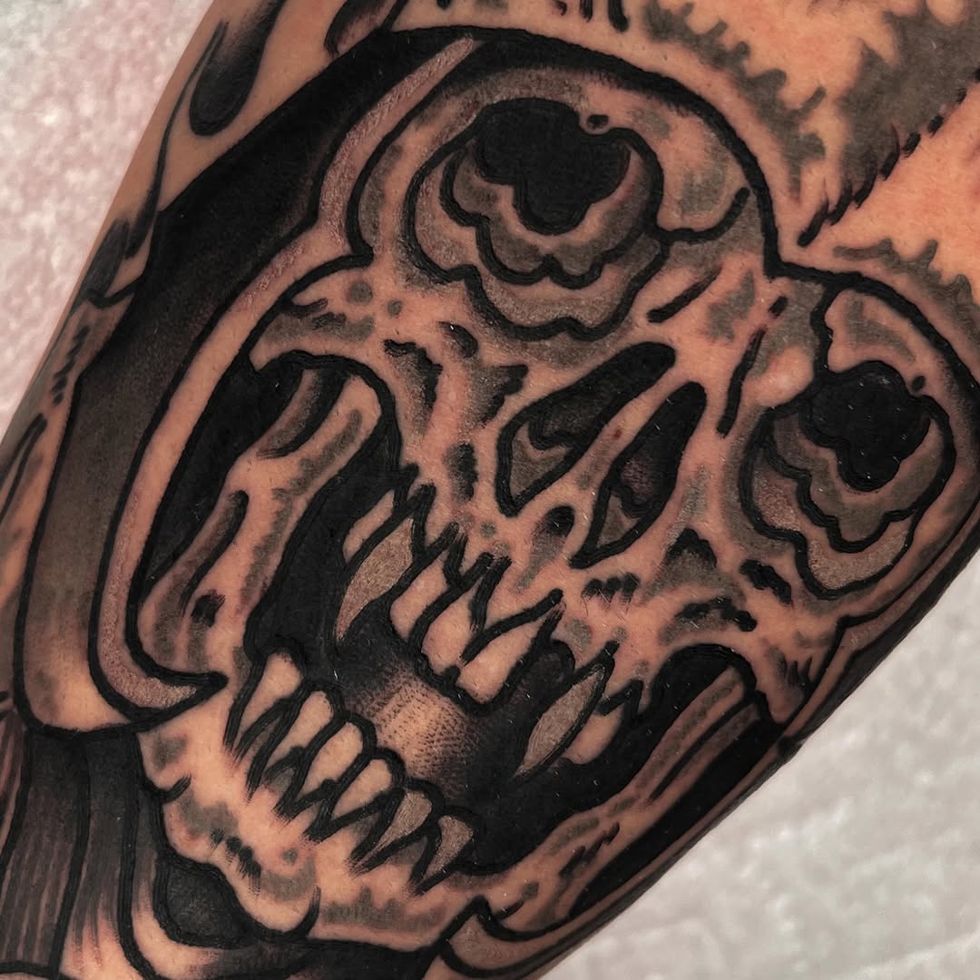 Tattoo by @slygibson — black_and_grey, dark_realism