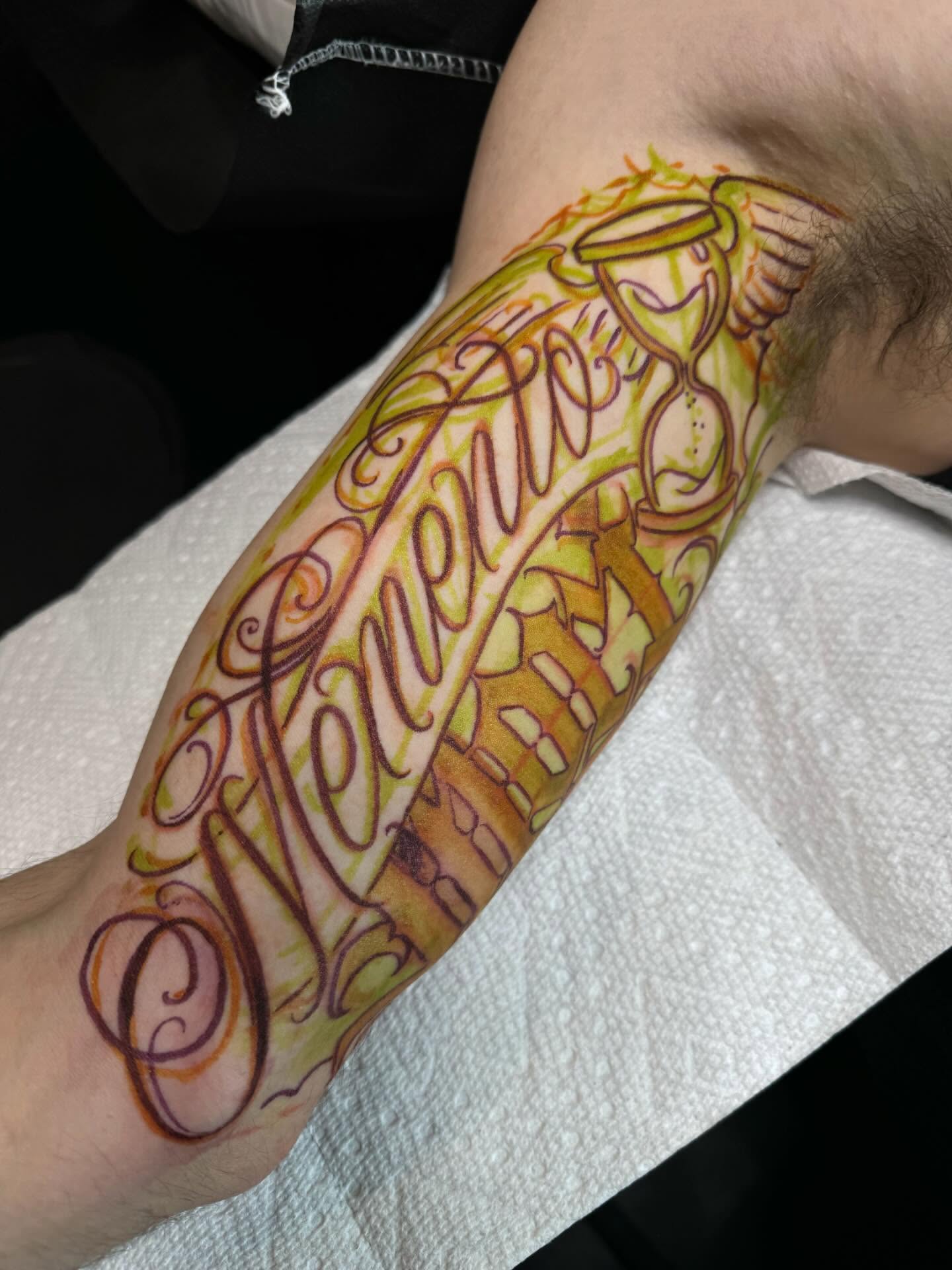 Tattoo by @thekidevantattoos — lettering_script