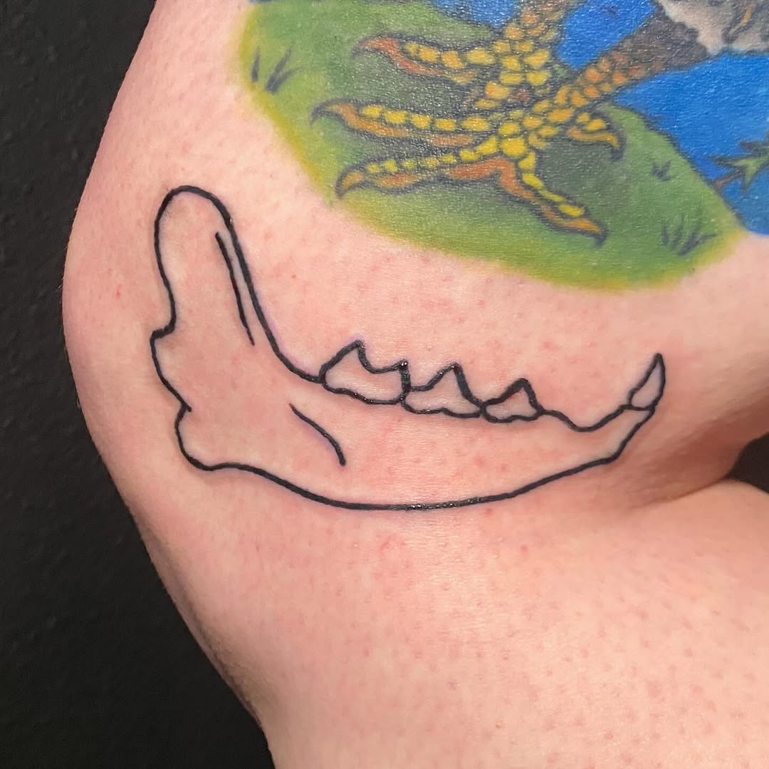 Mandible outline minimalist tattoo on the upper arm by ollie, Portland, Oregon