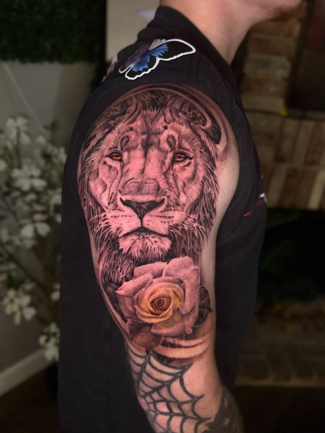 Lion and rose realism tattoo on the forearm by Hannah Marie ๐ฆ, Benbrook, Texas