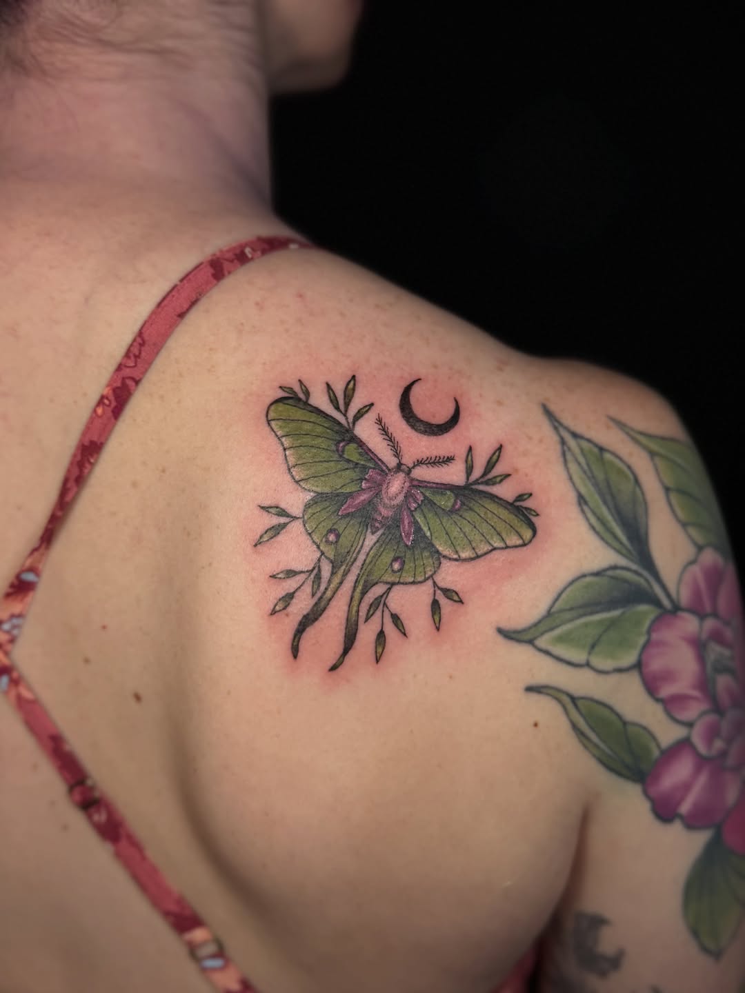Luna moth with moon and leaves fine line tattoo on the shoulder by Jocelyne ♡