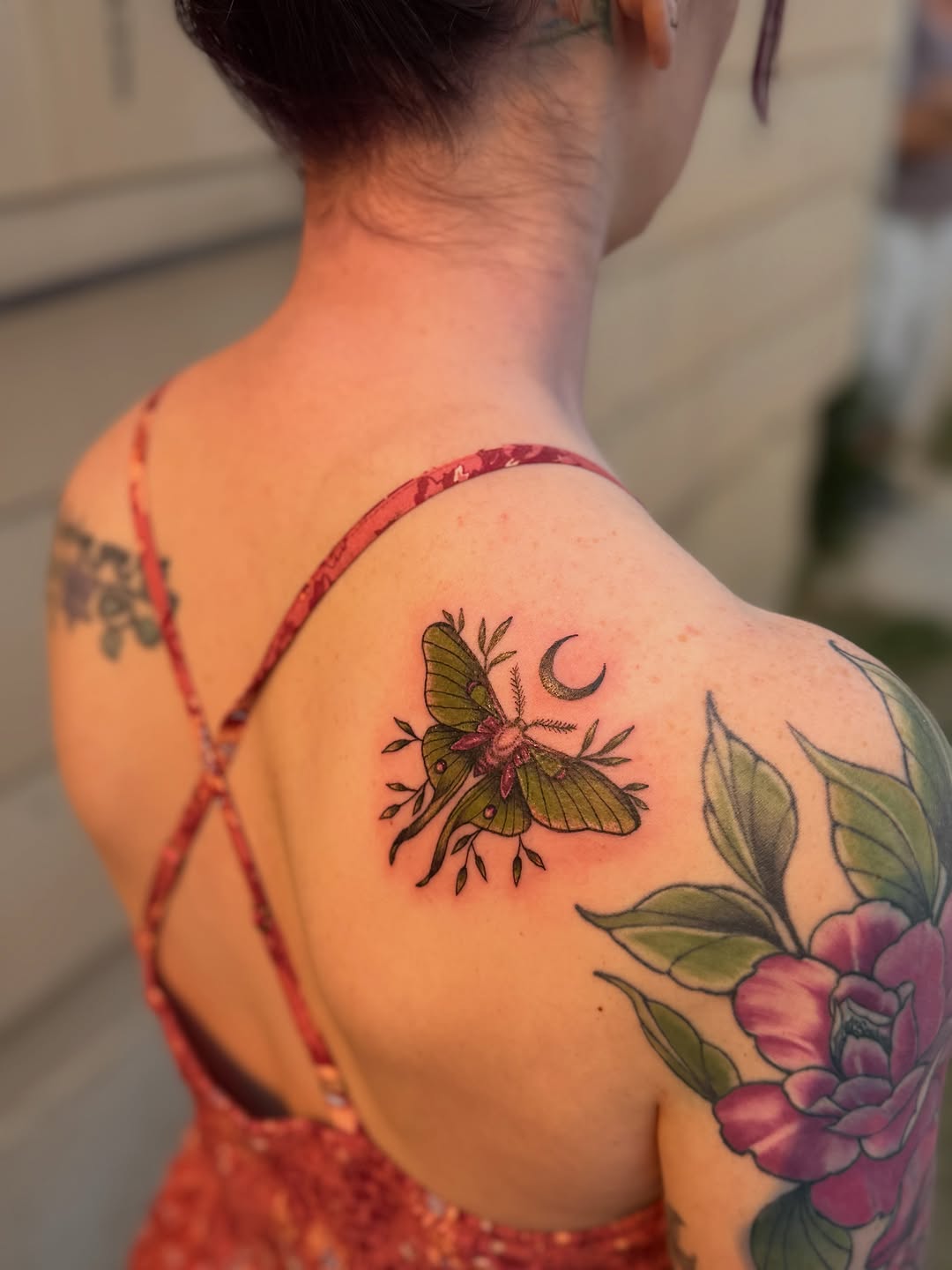 Luna moth with moon and leaves fine line tattoo on the shoulder by Jocelyne ♡