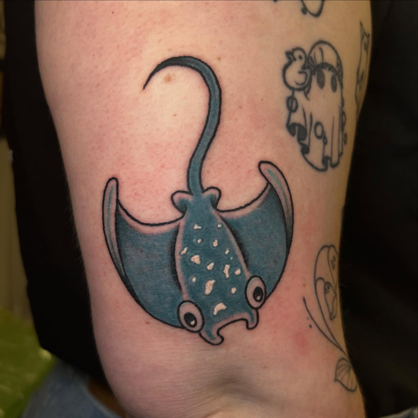 Ray dotwork tattoo on the forearm by Sarah π€π»