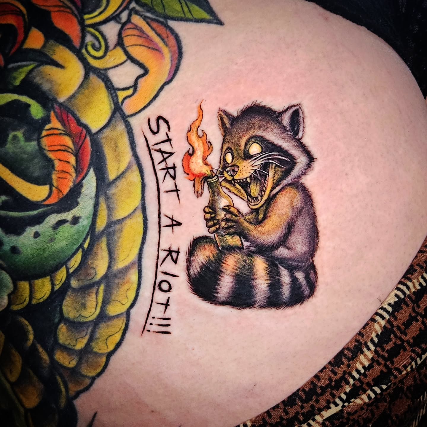 Raccoon holding torch American traditional tattoo on the torso by Isaac Morales