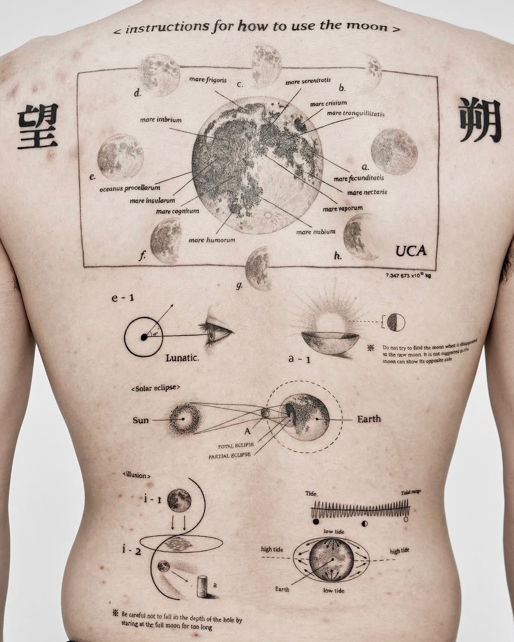 Moon phases and lunar eclipses illustrative tattoo on the back by X°