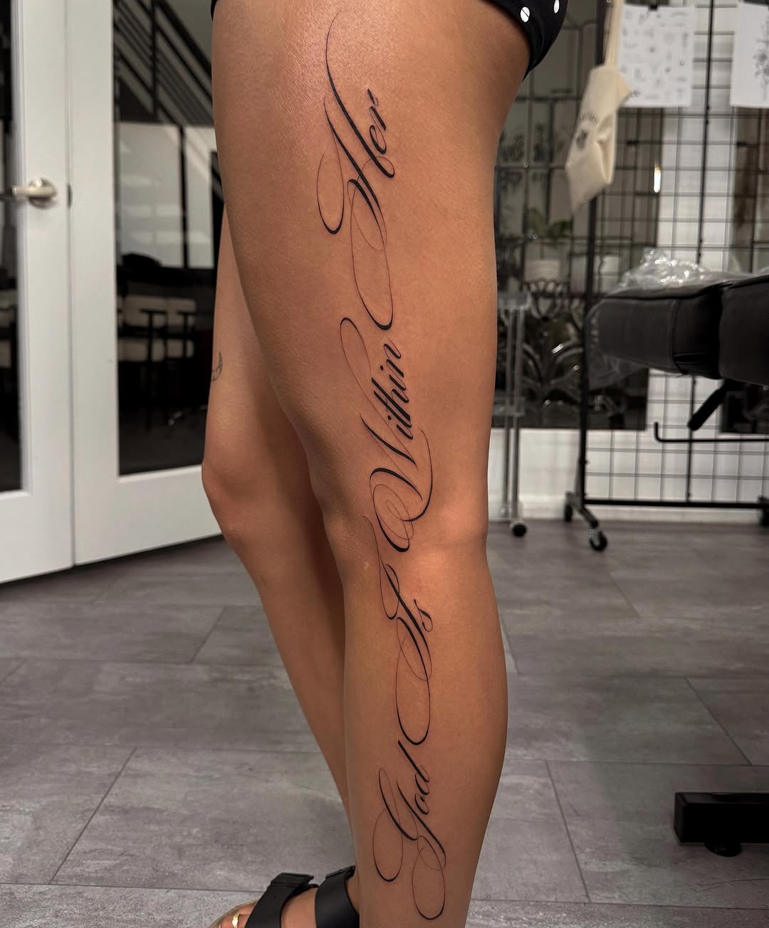 Script lettering lettering tattoo on the calf by Jennifer Garcia R - Vegas tattoo artist