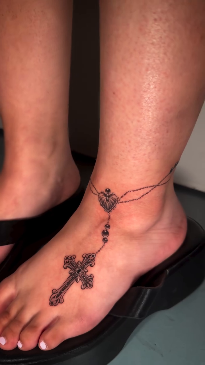 Rosary foot tattoo ornamental tattoo on the foot by Monica Gonzalez