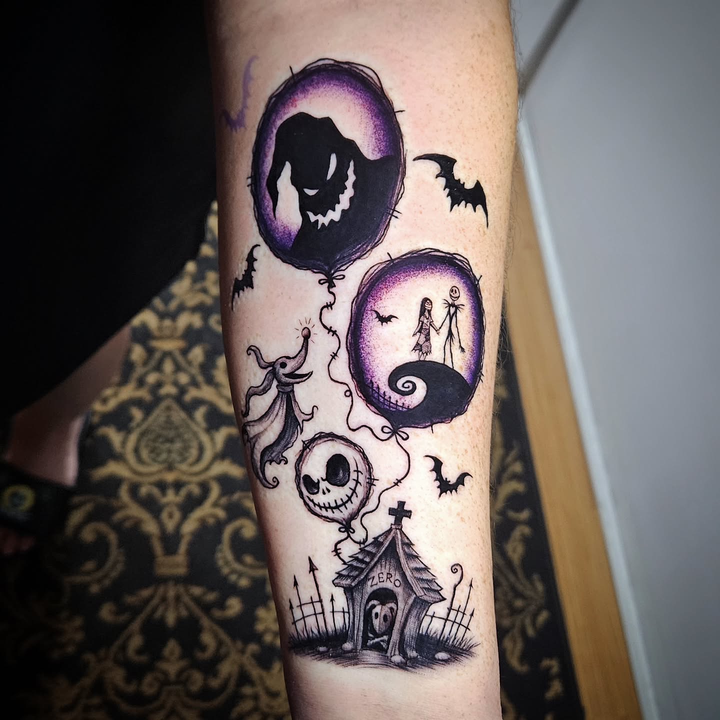 Nightmare Before Christmas dark realism tattoo on the forearm by Isaac Morales