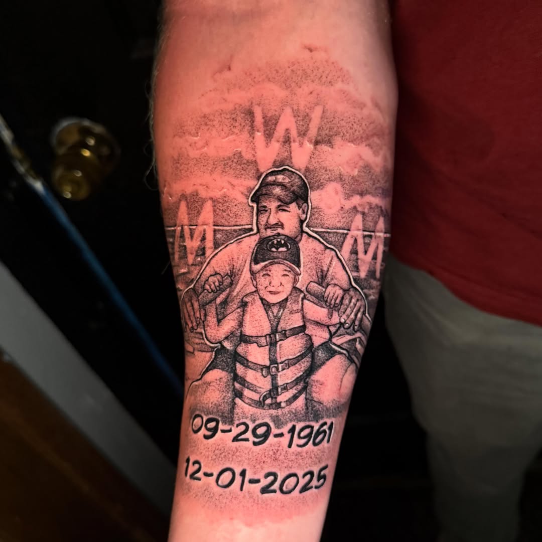 Father and son dotwork tattoo on the forearm by Alex Wheelock